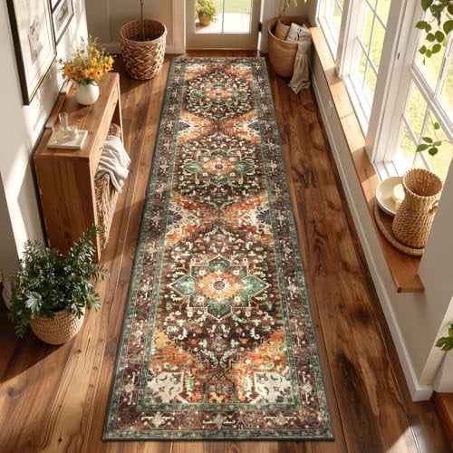 Washable Runner Rug, 3x12 Non-Slip Boho Vintage Hallway Rug Runner with Rubber Backing, Stain Resistant Low Pile Distressed Carpet Runner for Bedroom, Kitchen, Laundry, Entrance