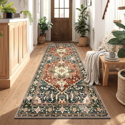 Washable Runner Rug, 3x8 Non-Slip Boho Vintage Hallway Rug with Rubber Backing, Low Pile Faux Wool Distressed Carpet Runner for Bedroom, Kitchen, Laundry, Entrance