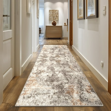 2'x6' Runner Rug for Hallway, NovDeco Washable Small Indoor Rug Neutral Abstract Beige, Low Pile & Stain Resistant Carpet for Kitchen Bedside Laundry