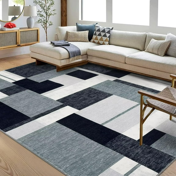 Aoile Modern Geometric Non-Slip Gray Washable Runner Rug, 3' x 5', Soft Low-Pile