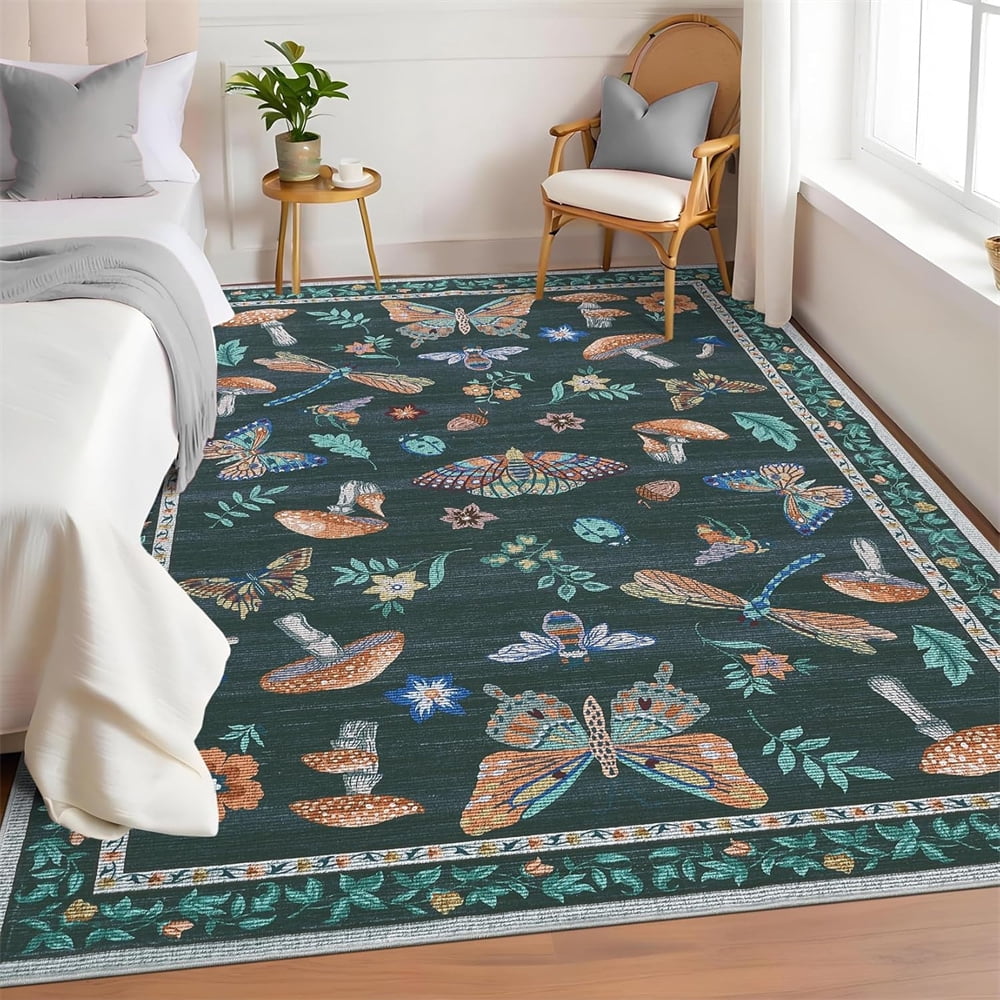 Washable Runner Rug Modern Insect Floral Print Area Rug Mushroom Carpet for Kitchen Stain Resistant Carpet with Non-Slip Backing Low Pile Floor Cover for Hallway Laundry Bedroom