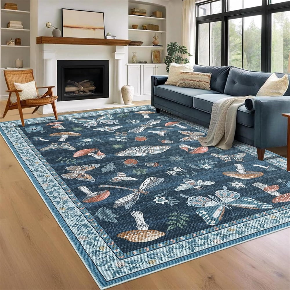 Washable Runner Rug Modern Insect Floral Print Area Rug Mushroom Carpet for Kitchen Stain Resistant Carpet with Non-Slip Backing Low Pile Floor Cover for Hallway Laundry Bedroom