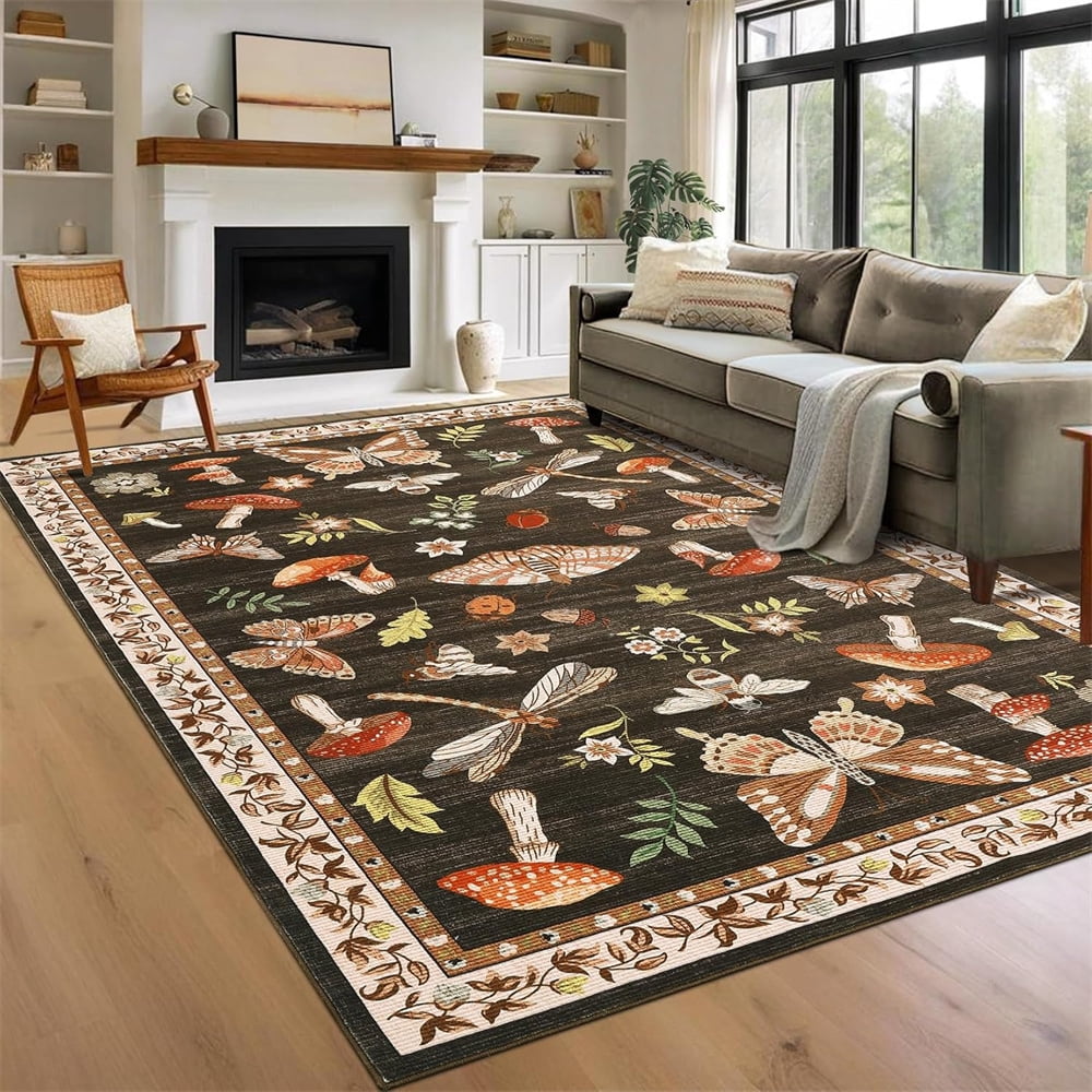 Washable Runner Rug Modern Insect Floral Print Area Rug Mushroom Carpet for Kitchen Stain Resistant Carpet with Non-Slip Backing Low Pile Floor Cover for Hallway Laundry Bedroom