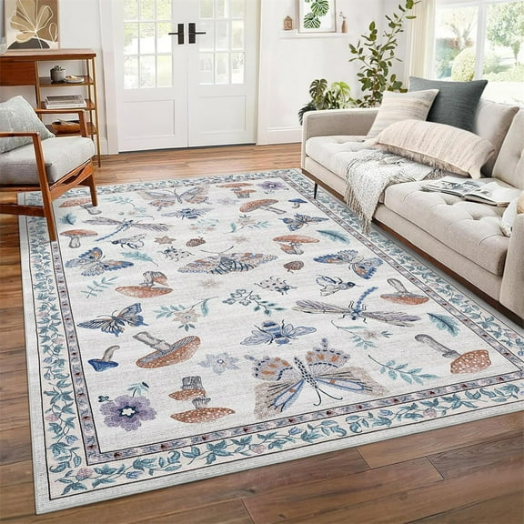 Washable Runner Rug Modern Insect Floral Print Area Rug Mushroom Carpet for Kitchen Stain Resistant Carpet with Non-Slip Backing Low Pile Floor Cover for Hallway Laundry Bedroom