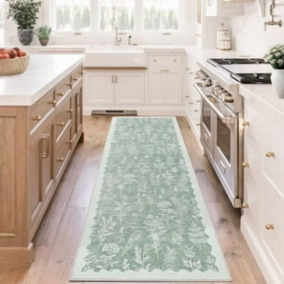 Washable Runner Rug,Non-Slip Bathroom Rug, Kitchen Rug with Floral Design, Low Pile Stain Resistant Hallway Carpet for Bedside, Laundry Room, Entryway - Green Modern Neutral Indoor Mat