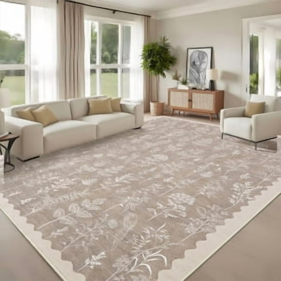 Washable Runner Rug,Non-Slip Bathroom Rug, Kitchen Rug with Floral Design, Low Pile Stain Resistant Hallway Carpet for Bedside, Laundry Room, Entryway - Green Modern Neutral Indoor Mat