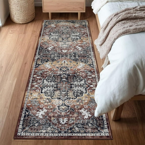 Washable Runner Rug Non-Slip Hallway Soft Runner, Indoor Vintage Distressed Kitchen Mat, Medallion Oriental Floral Printed Accent Rug for Doorway Bedside Entrywray