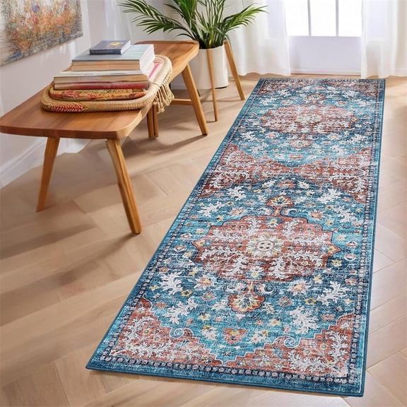Washable Runner Rug Non-Slip Hallway Soft Runner, Indoor Vintage Distressed Kitchen Mat, Medallion Oriental Floral Printed Accent Rug for Doorway Bedside Entrywray