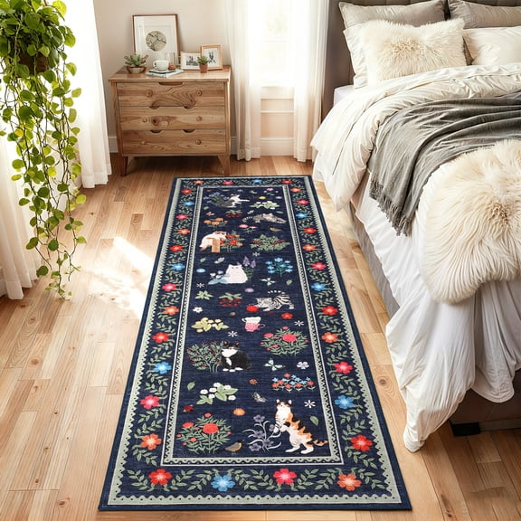 Washable Runner Rugs 2'x6' for Living Room and Bedroom – Non-Slip, Mark Resistant, Low Pile, Soft Vintage Floral Carpet with Animal Print, Pet Friendly