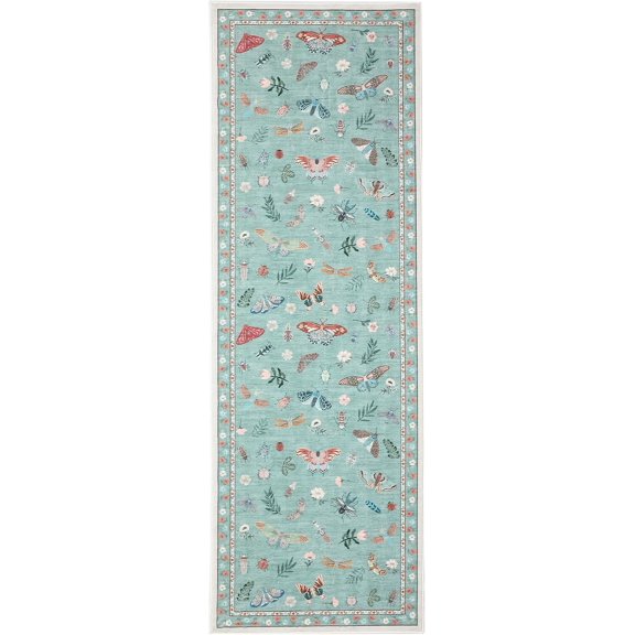 Washable Runner Rugs 2x6 Narrow Long Modern Hallway Rugs, Non-Shedding Insect Floral Print Indoor Carpet Mat, Foldable Ultra-Thin Floor Cover for Laundry, Bedroom, Kitchen, Green