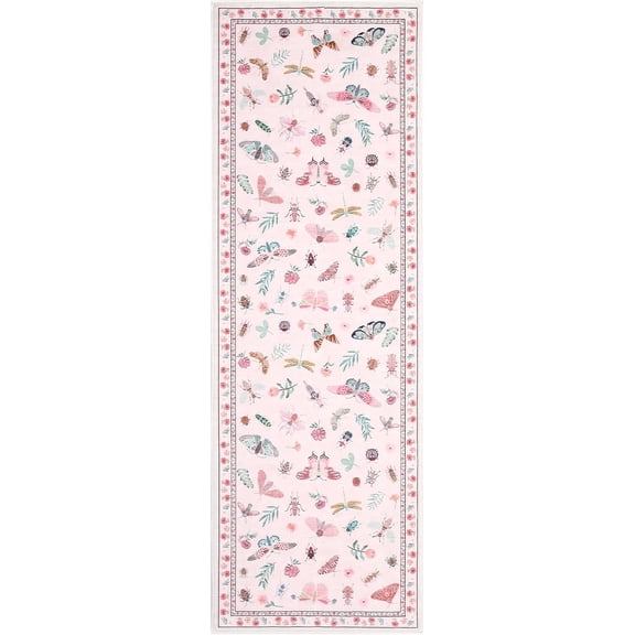 Washable Runner Rugs 2x6 Narrow Long Modern Hallway Rugs, Non-Shedding Insect Floral Print Indoor Carpet Mat, Foldable Ultra-Thin Floor Cover for Laundry, Bedroom, Kitchen, Pink