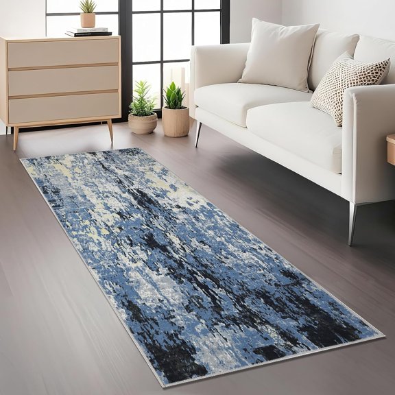 Washable Runner Rugs 2x6 Narrow Modern Abstract Hallway Rugs, Non-Shedding Ultra-Thin Entryway Rug Indoor Floor Cover, Foldable Low Pile Accent Carpet for Kitchen, Bedroom, Laundry, Blue