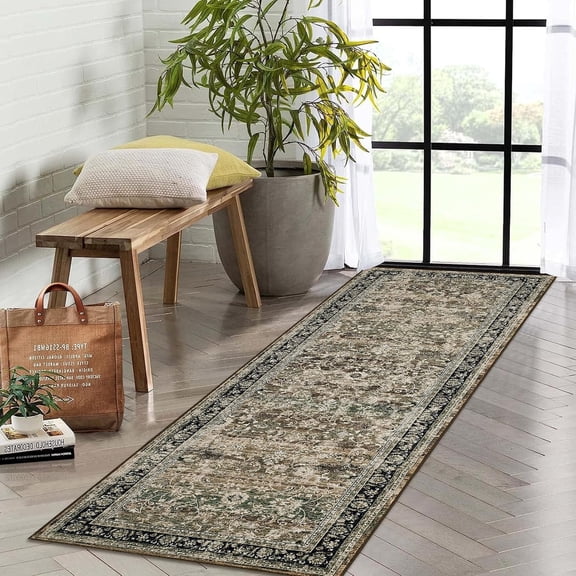 Tzou Washable Runner Rugs 2x6 for Living Room, VintageFloor Carpet with Non-Slip Backing, Low Pile, for Entryway Hallway Bedroom(Brown)