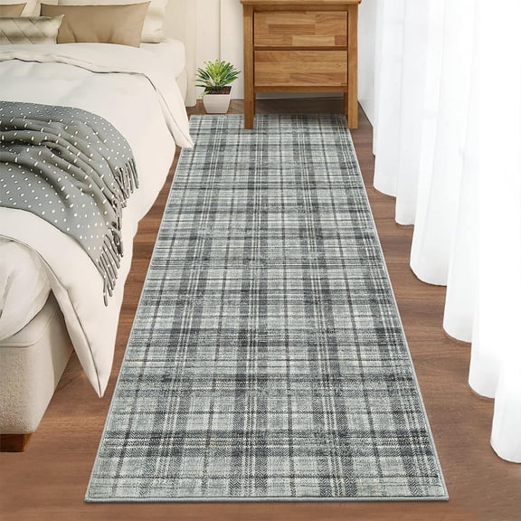 Washable Runner Rugs 2x6ft, Modern Tartan Plaid Non-Slip Low Pile Rug, Machine Washable Soft Stain Resistant Carpet for Kitchen Laundry Room Entryway