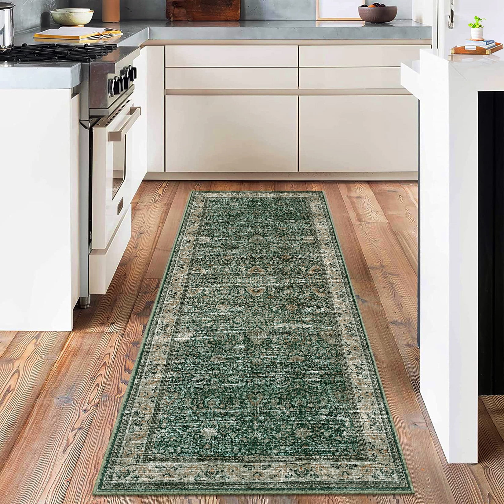 Washable Runner Rugs, Green 2'X6' Antique Distressed Long Rug, Modern Non Slip Stain Resistant Vintage Print Accent Carpet Floor Mat for Living Room Bedroom Dining Office Farmhouse Hallway Entryway