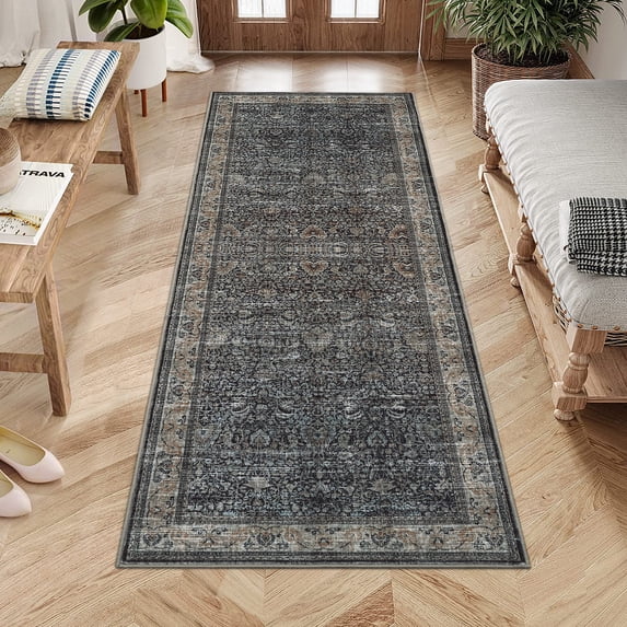 Washable Runner Rugs, Reddish Brown 2'X6' Antique Distressed Long Rug, Modern Non Slip Stain Resistant Vintage Print Accent Carpet for Living Room Bedroom Dining Office Farmhouse Hallway Entryway