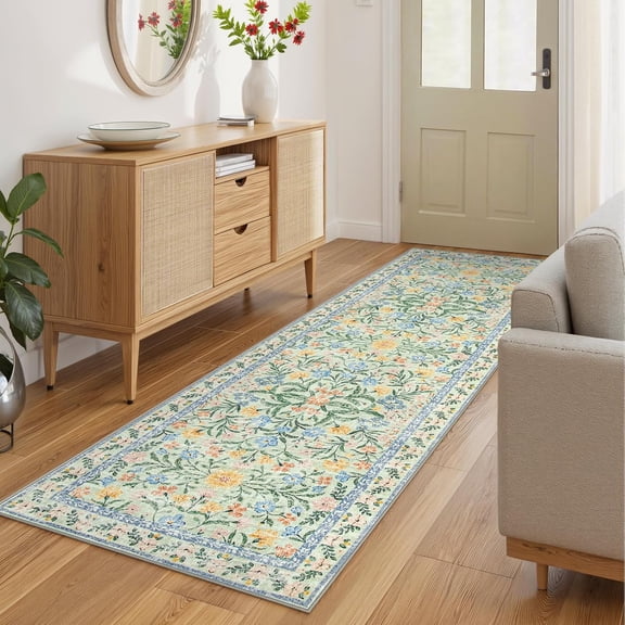 Washable Runners for Hallways, 2'6''x8' Floral Green Runner Rug for Kitchen Bathroom, Boho 8ft Non Silp Extra Long Rugs for Entryway Bedroom Laundry