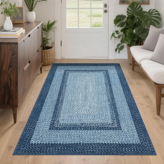 Washable Scalloped Area Rug Non Slip, Farmhouse Braided Print Low Pile Soft Non Shedding Carpet for Living Room Bedroom