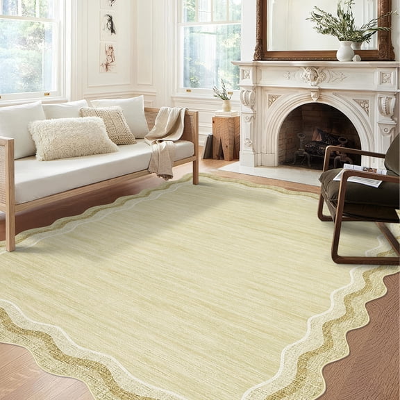 Washable Scalloped Area Rugs 5x7 Modern Throw Rug with Non-Slip Backing, Stain-Resistant Foldable Accent Carpet, Contemporary Low Pile Floor Cover for Living Room, Bedroom, Beige