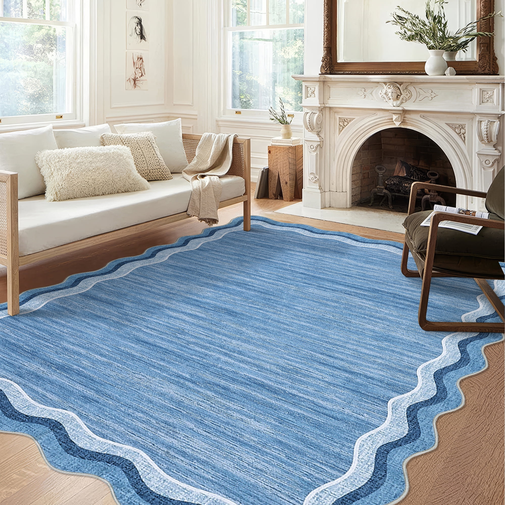 Washable Scalloped Area Rugs 5x7 Modern Throw Rug with Non-Slip Backing, Stain-Resistant Foldable Accent Carpet, Contemporary Low Pile Floor Cover for Living Room, Bedroom, Blue