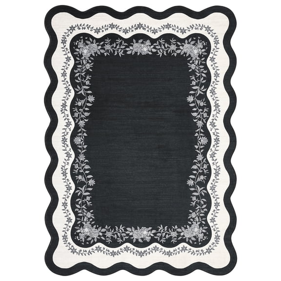 Washable Scalloped Floral Area Rug – Soft Low Pile, Non-Slip, Spot Resistant, Collapsible Carpet for Living Room, Bedroom, Dining Room, Home Office – Modern Farmhouse Decor – Black, 10x13ft