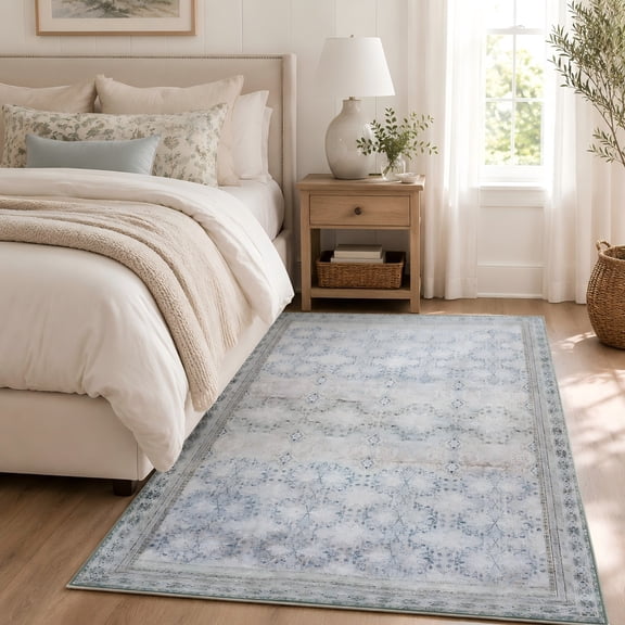 Machine Washable Silver Sage Area Rug, Vintage Distressed Medallion Carpet, Non-Slip Low-Pile Rug for Living Room & Bedroom,4'x6'