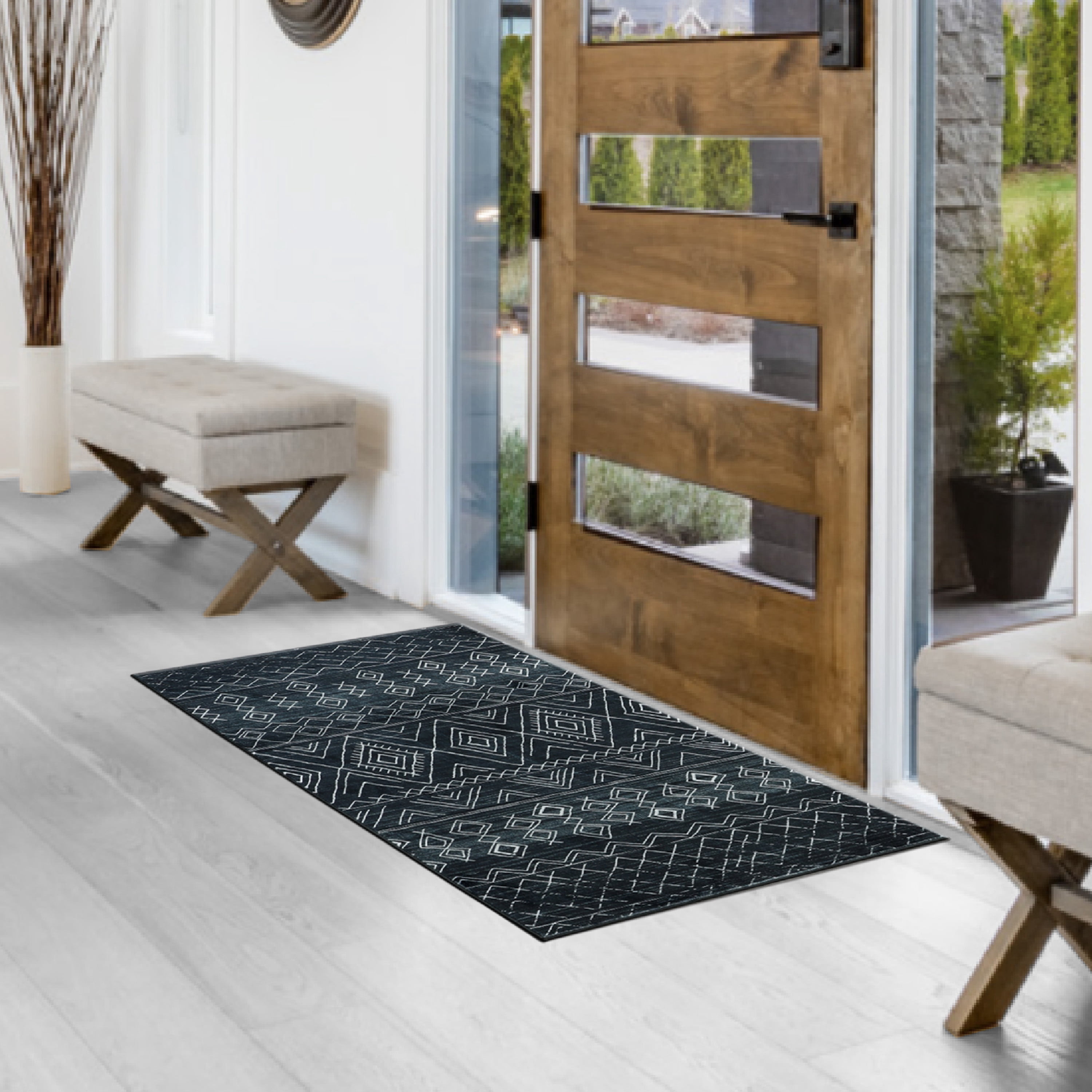 Washable Skid-Resistant Accent Rug Geometric Black 24" x 48"