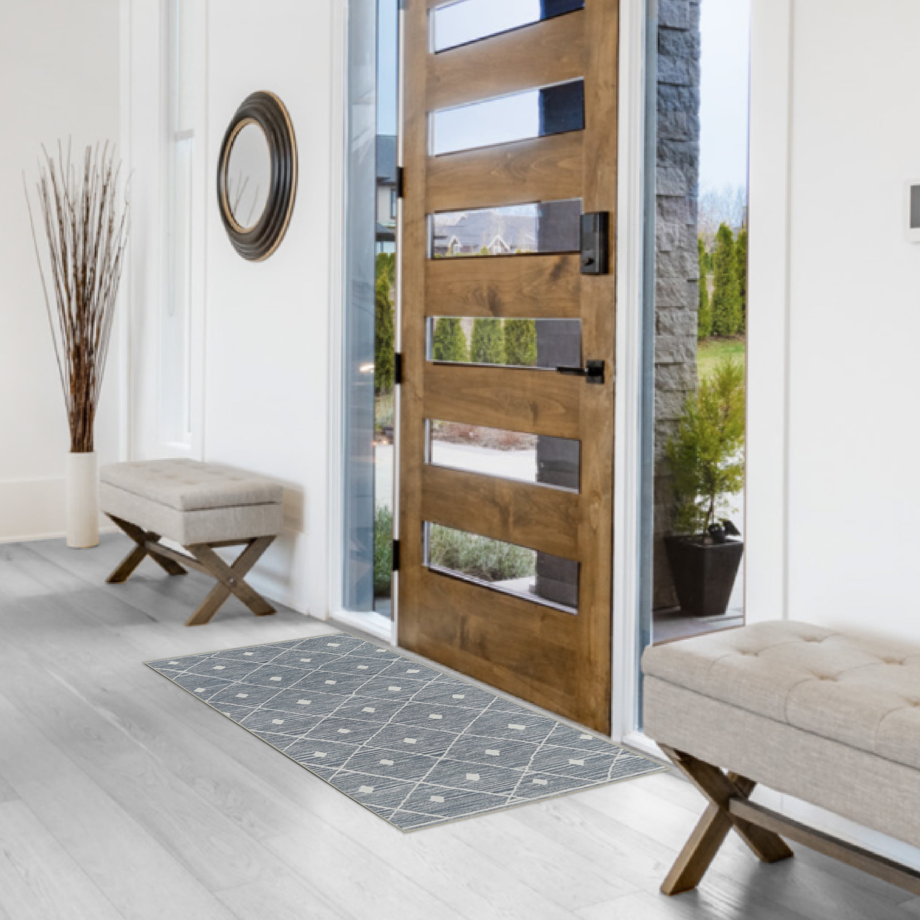 Washable Skid-Resistant Accent Rug Geometric Blue/Grey 24" x 48"