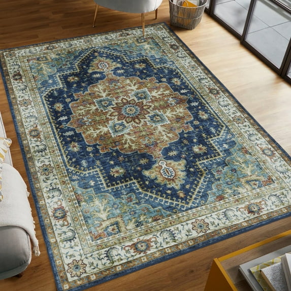 Washable Skid-Resistant Area Rug Geometric Blue Multi 8' x 11'