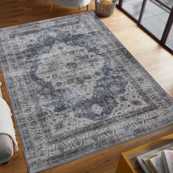 Washable Skid-Resistant Area Rug Geometric Navy/Cream 5' x 7'