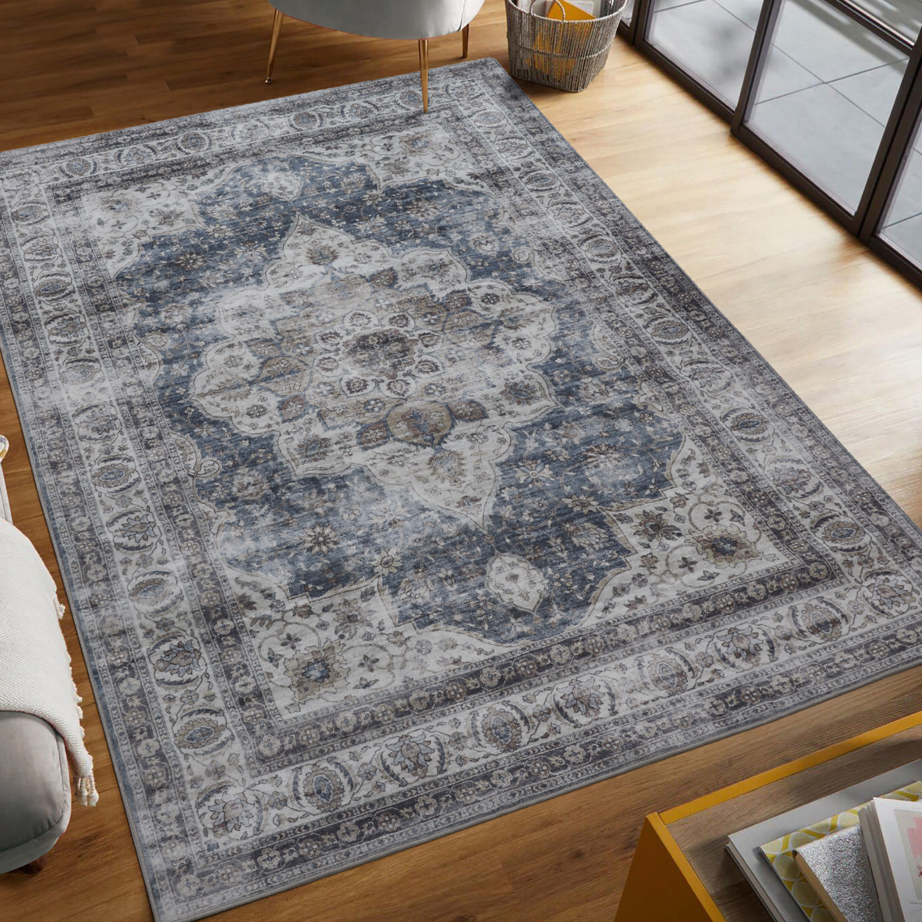 Washable Skid-Resistant Area Rug Geometric Navy/Cream 8' x 11'