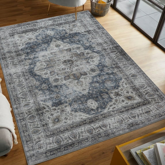 Washable Skid-Resistant Area Rug Geometric Navy/Cream 8' x 11'
