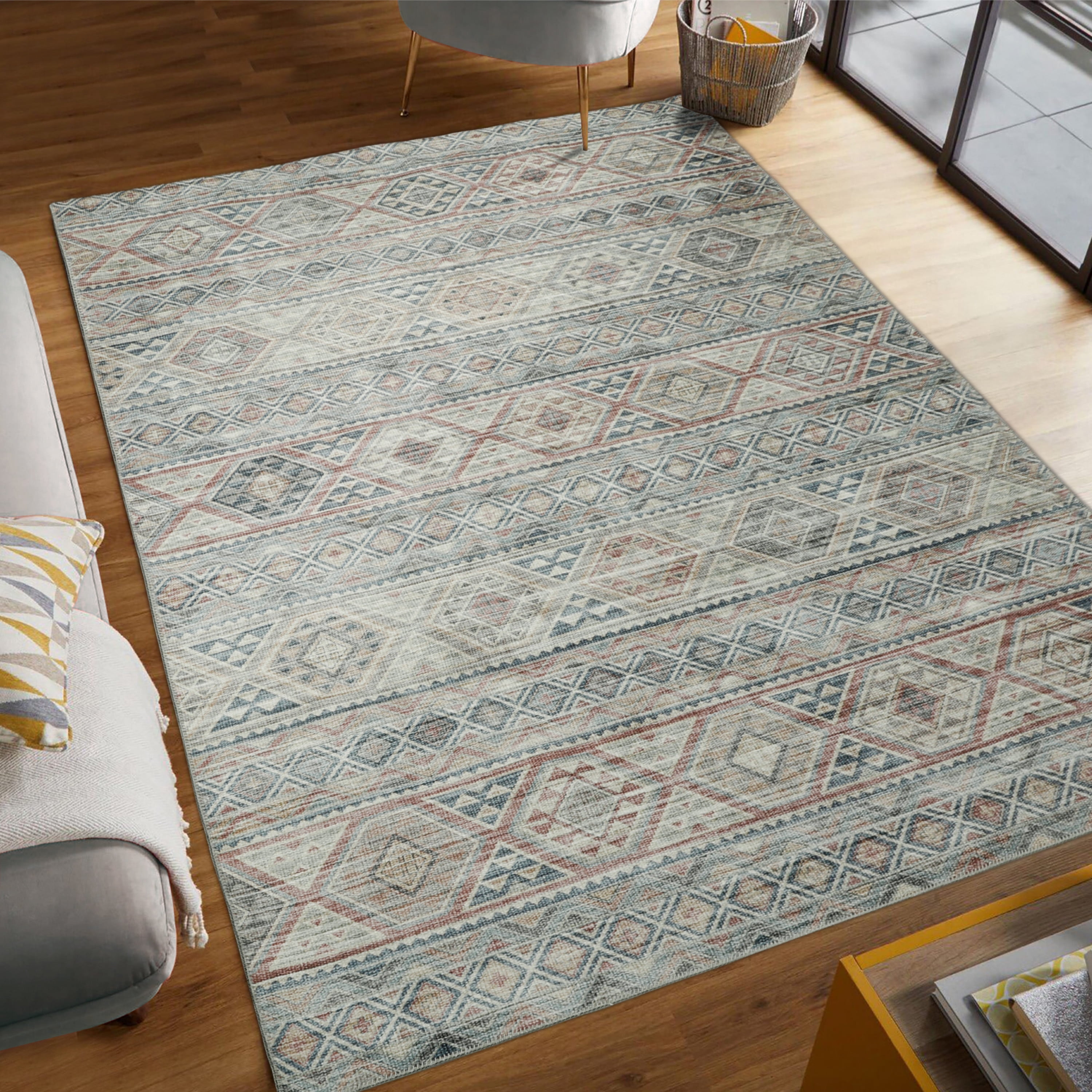 Washable Skid-Resistant Area Rug Geometric Pink 8' x 11'