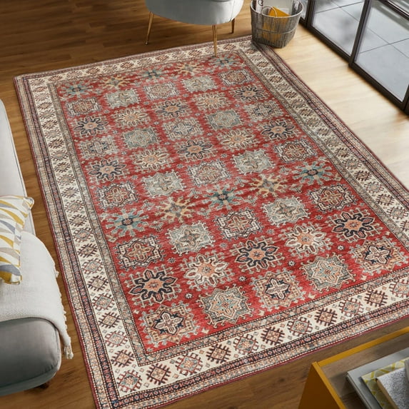 Washable Skid-Resistant Area Rug Geometric Red 8' x 11'