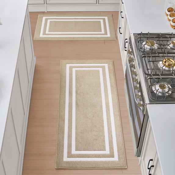 Washable Skid-Resistant Runner Rug, Border, Beige and White, 26" x 45" and 26" x 60" 2-Piece Set