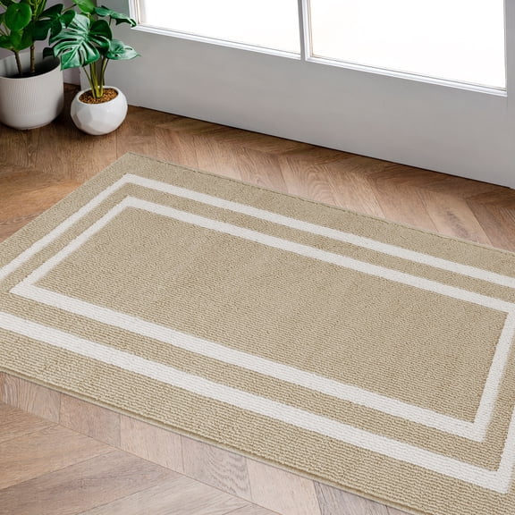 Washable Skid-Resistant Runner Rug, Border, Beige and White, 26" x 45"
