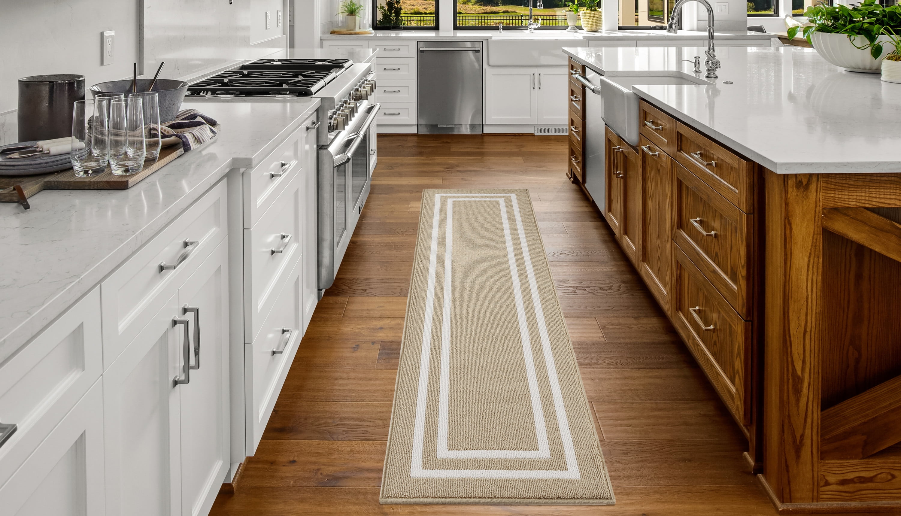Washable Skid-Resistant Runner Rug, Border, Beige and White, 26" x 72"