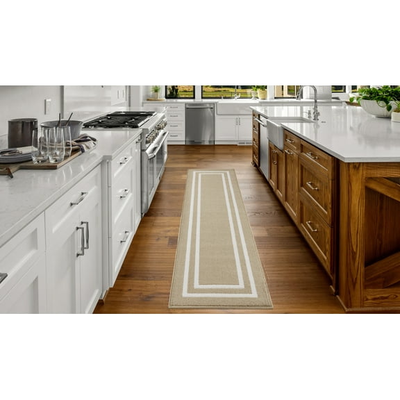 Washable Skid-Resistant Runner Rug, Border, Beige and White, 26" x 72"
