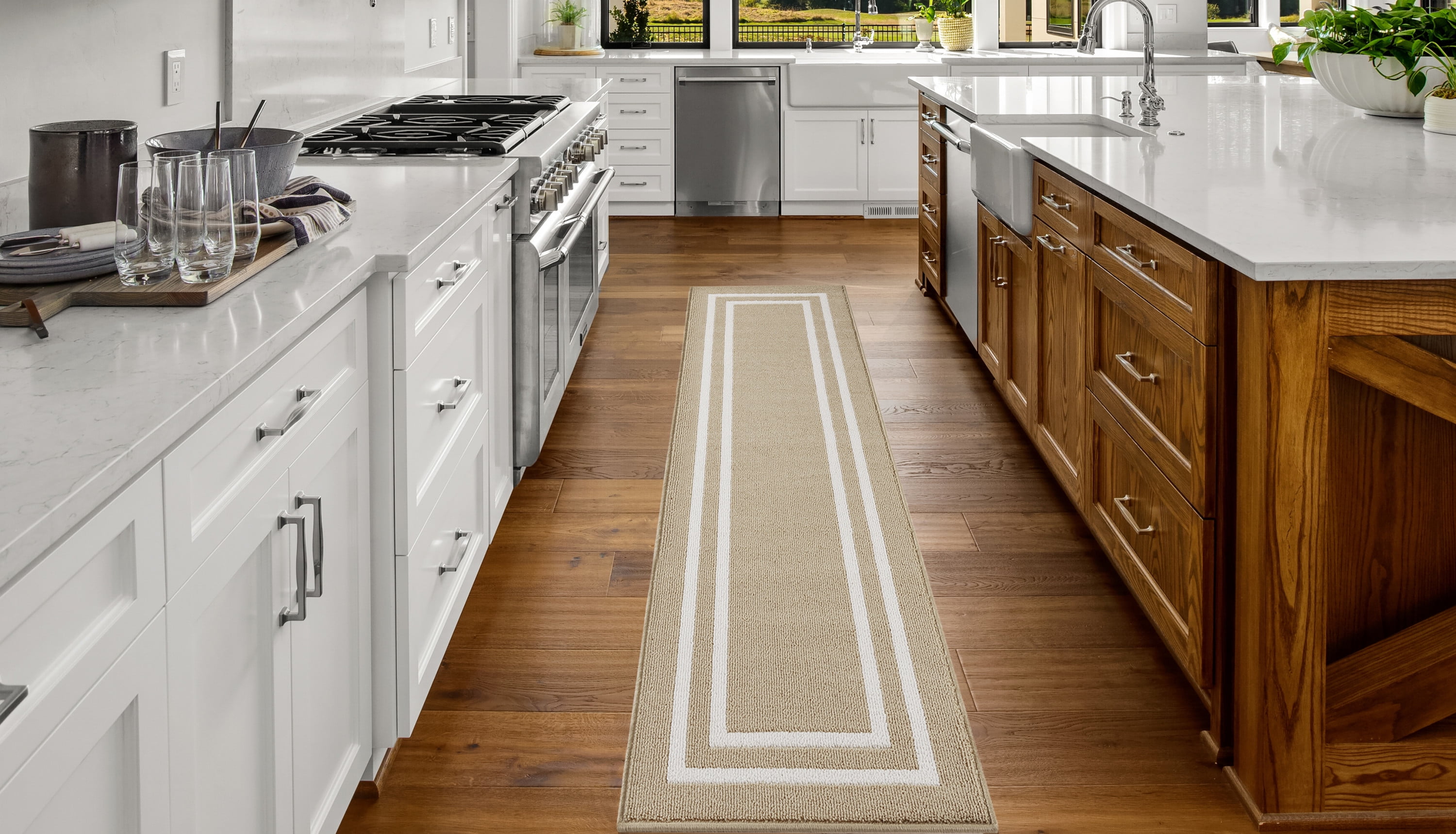Washable Skid-Resistant Runner Rug, Border, Beige and White, 26" x 96"