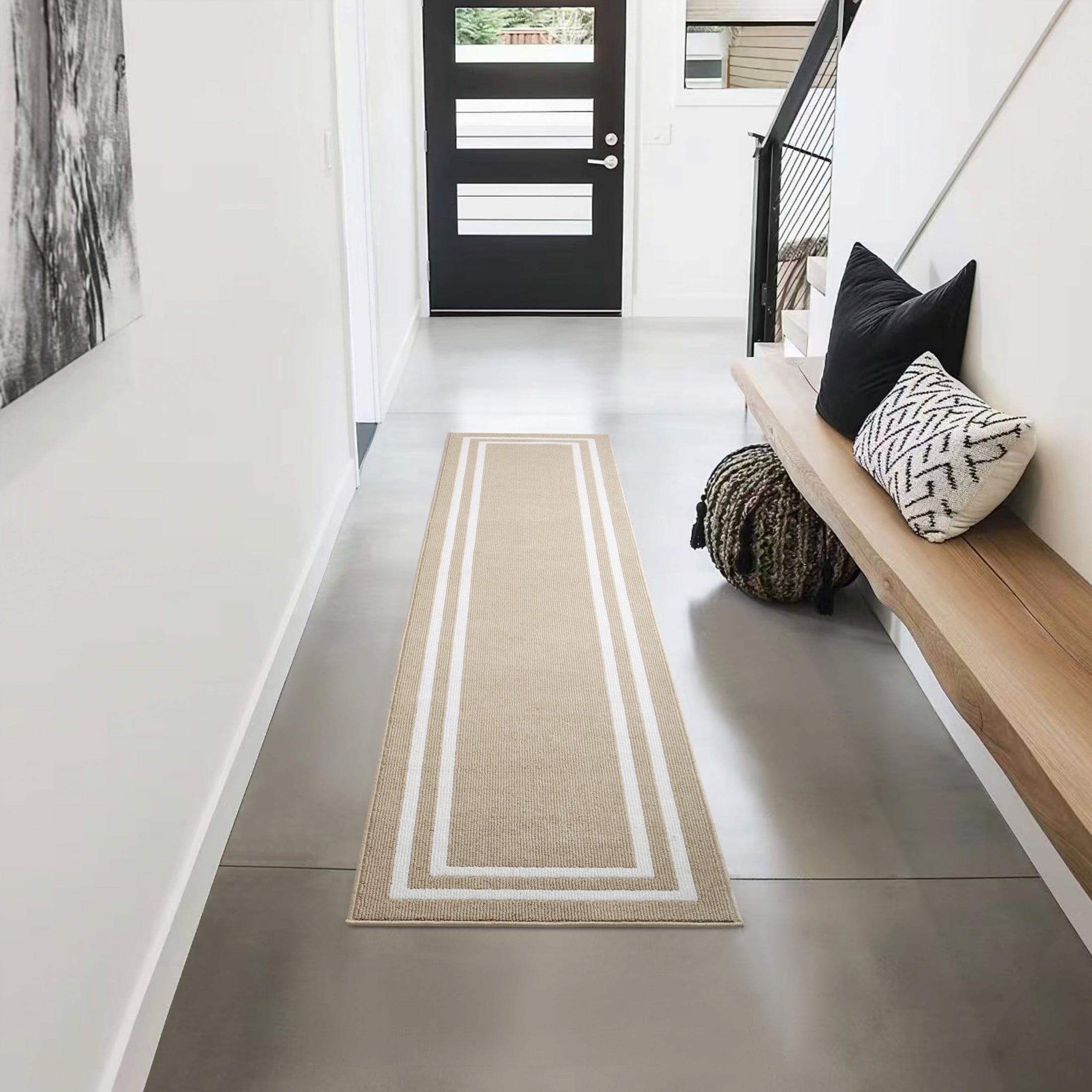 Washable Skid-Resistant Runner Rug, Border, Beige and White, 30 " x 120"