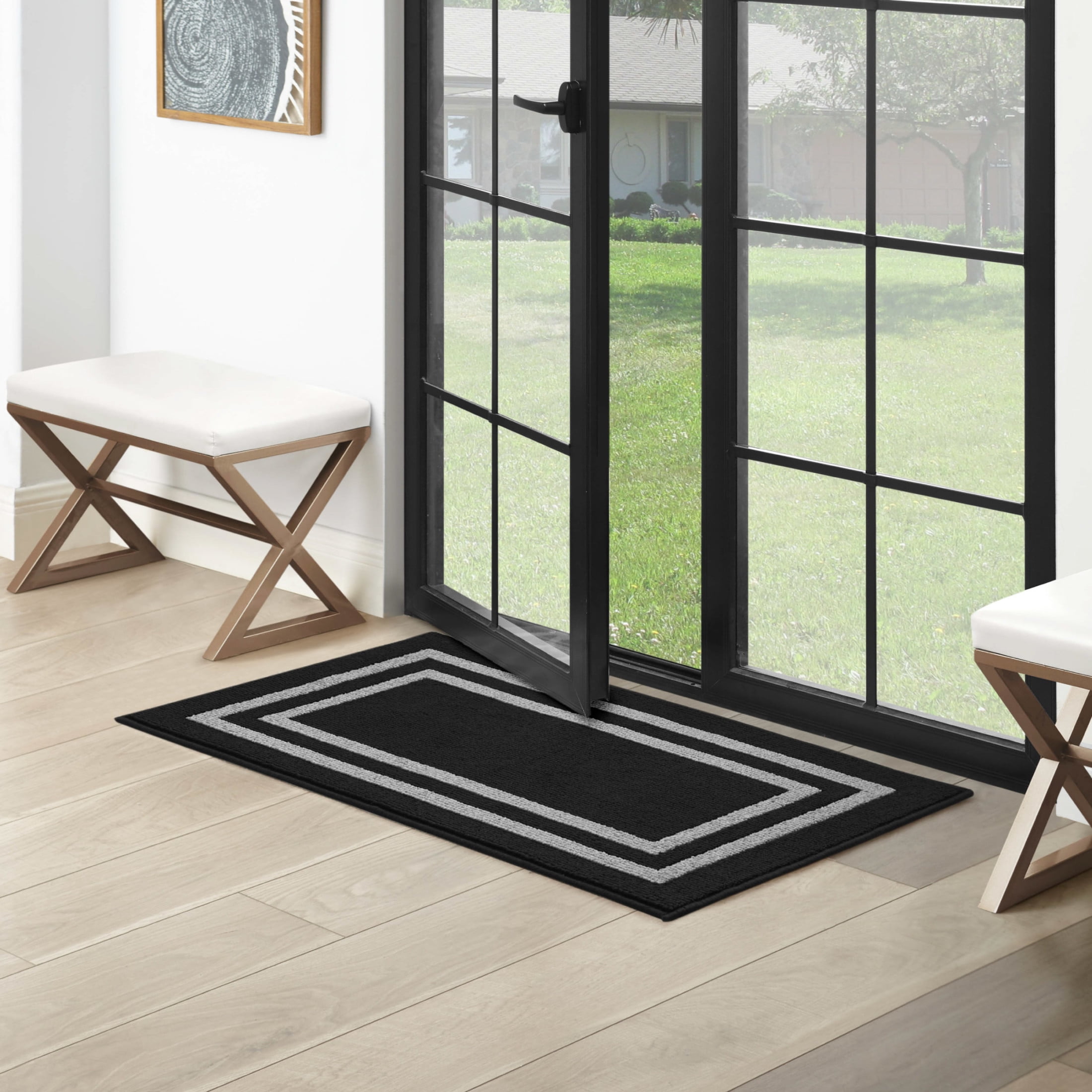 Washable Skid-Resistant Runner Rug, Border, Black and Twisted Grey, 26" x 45"