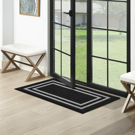 Washable Skid-Resistant Runner Rug, Border, Black and Twisted Grey, 26" x 45"