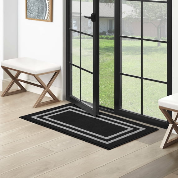 Washable Skid-Resistant Runner Rug, Border, Black and Twisted Grey, 26" x 45"