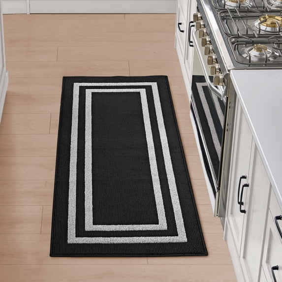 Washable Skid-Resistant Runner Rug, Border, Black and Twisted Grey, 26" x 72"