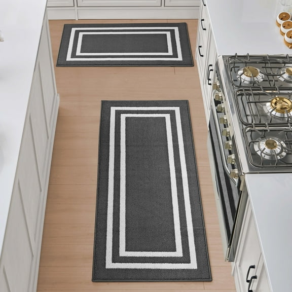 Washable Skid-Resistant Runner Rug, Border, Dark Grey and White, 26" x 45" and 26" x 60" 2-Piece Set