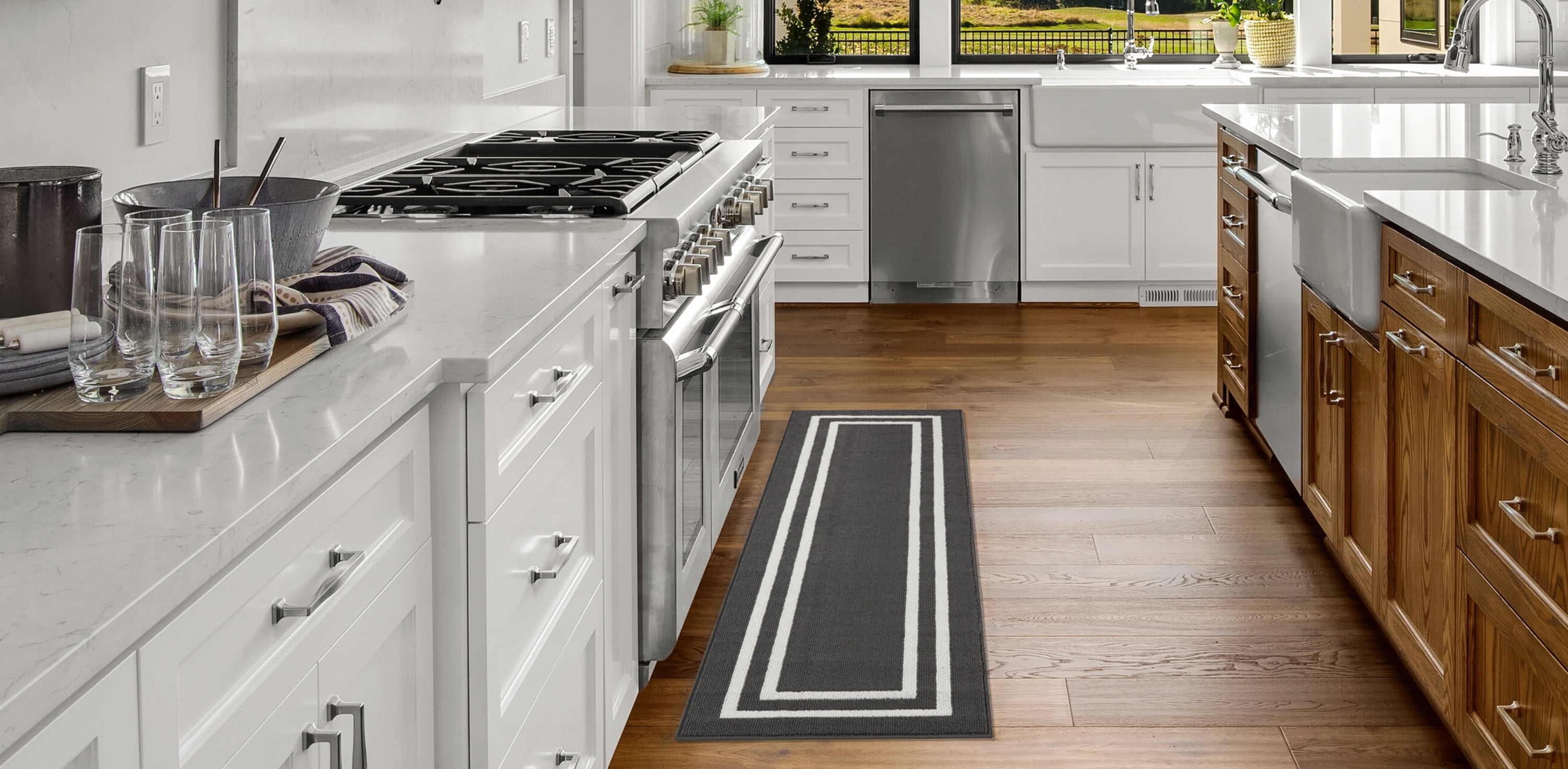 Washable Skid-Resistant Runner Rug, Border, Dark Grey and White, 26" x 60"