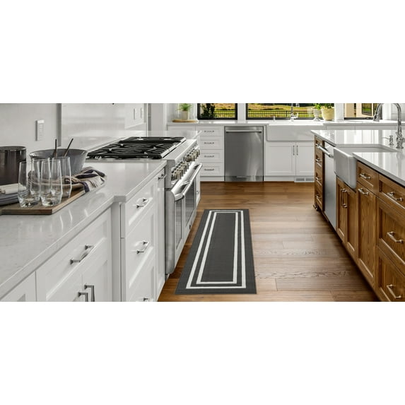 Washable Skid-Resistant Runner Rug, Border, Dark Grey and White, 26" x 60"