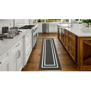 Washable Skid-Resistant Runner Rug, Border, Dark Grey and White, 26" x 72"