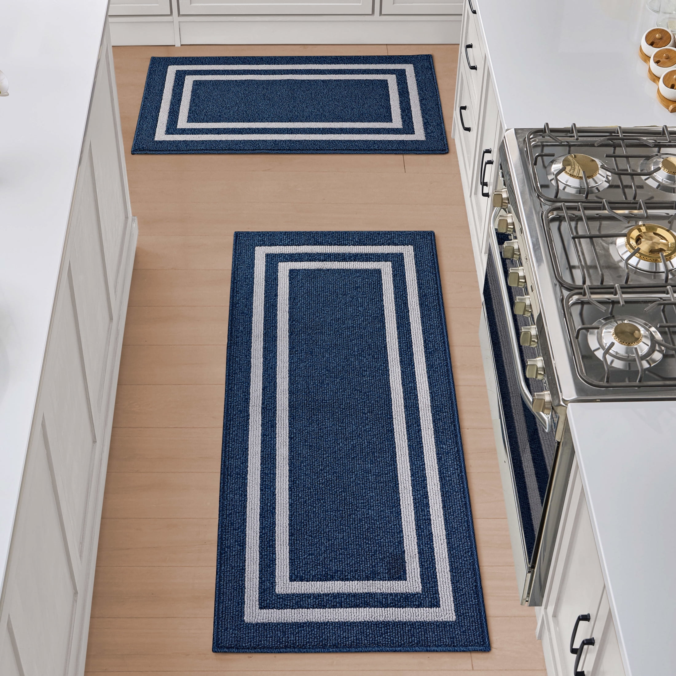Washable Skid-Resistant Runner Rug, Border, Denim Twist and Light Grey, 26" x 45" and 26" x 60" 2-Piece Set