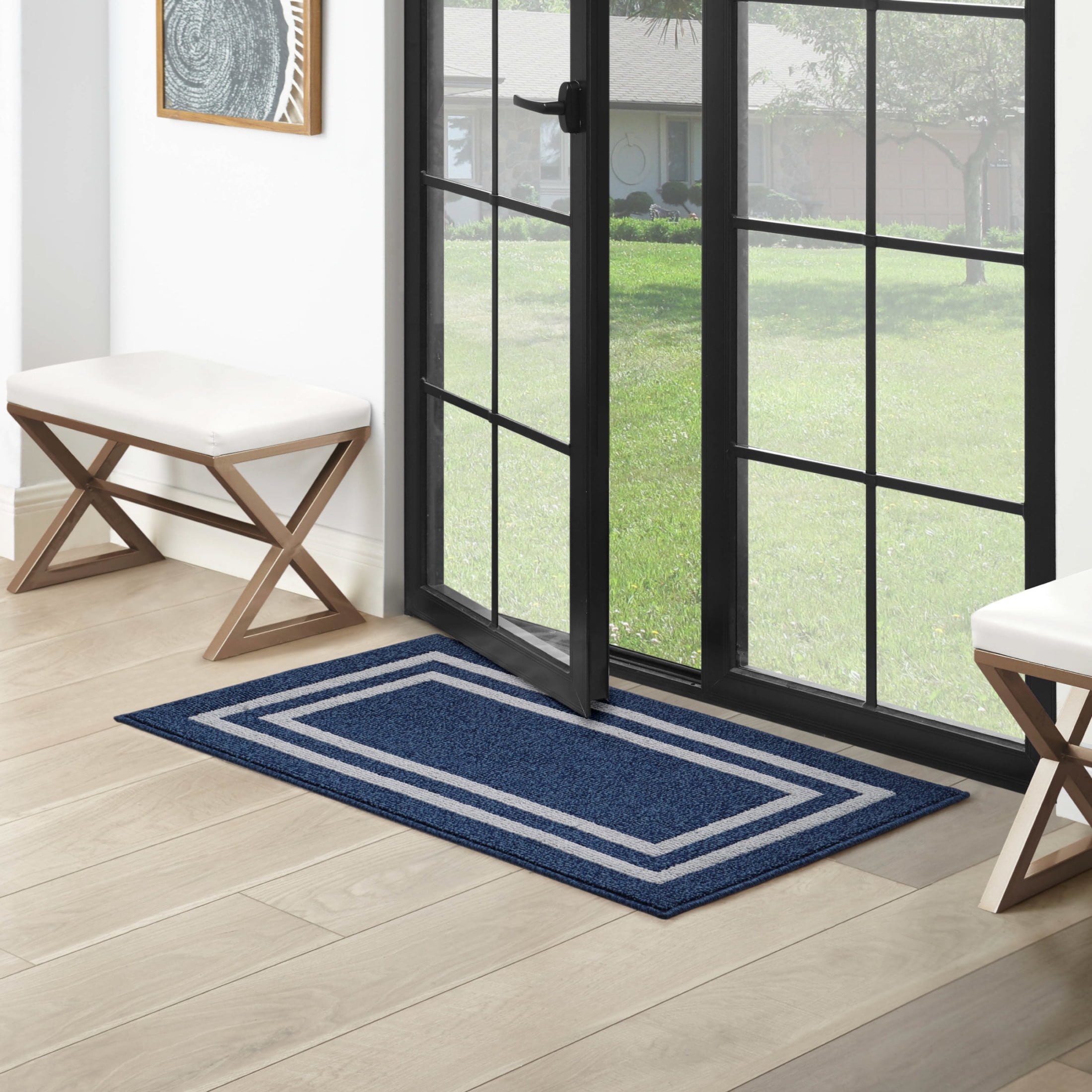 Washable Skid-Resistant Runner Rug, Border, Denim Twist and Light Grey, 26" x 45"
